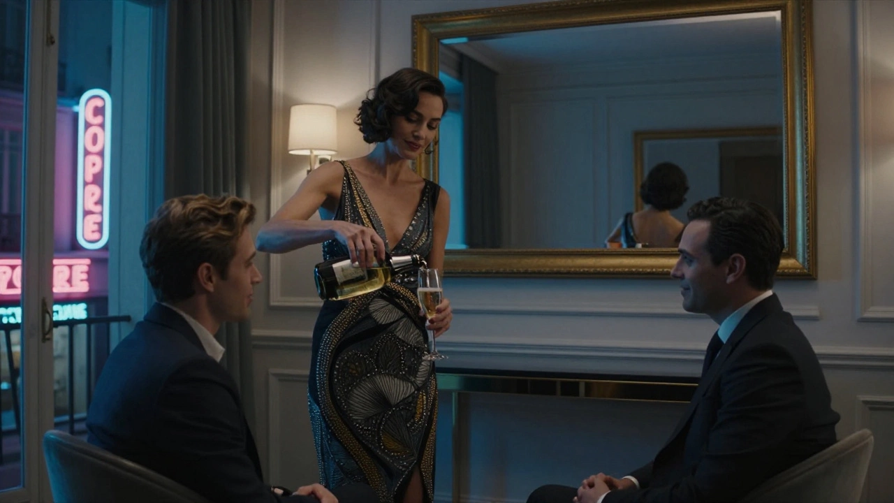 A luxurious Paris apartment at night with champagne and distant eye contact between two people, no emotional connection.