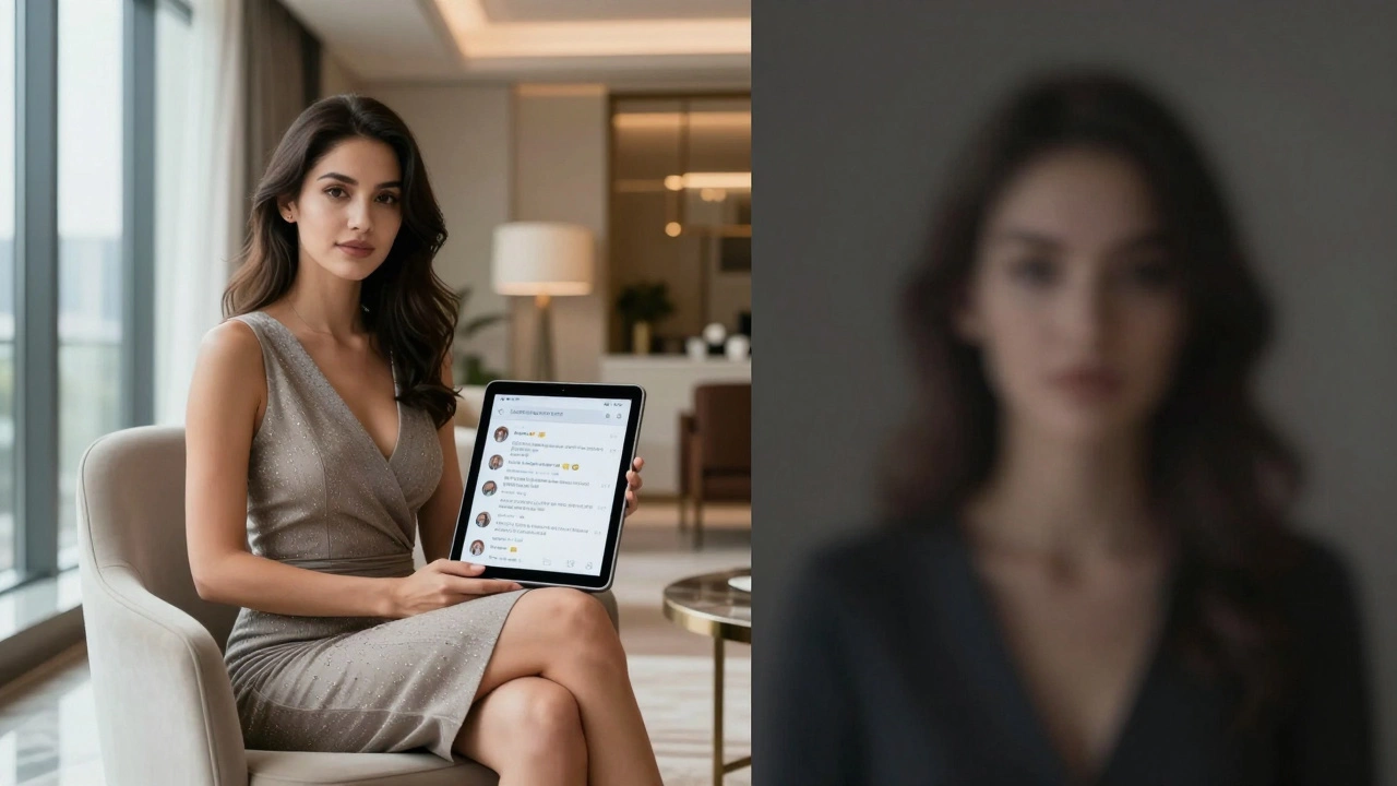 A professional escort in a stylish apartment beside verified client reviews, contrasted with a faded fake profile.