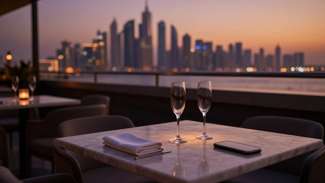 An empty rooftop bar in Dubai at dusk with two champagne glasses and a phone left on the table.